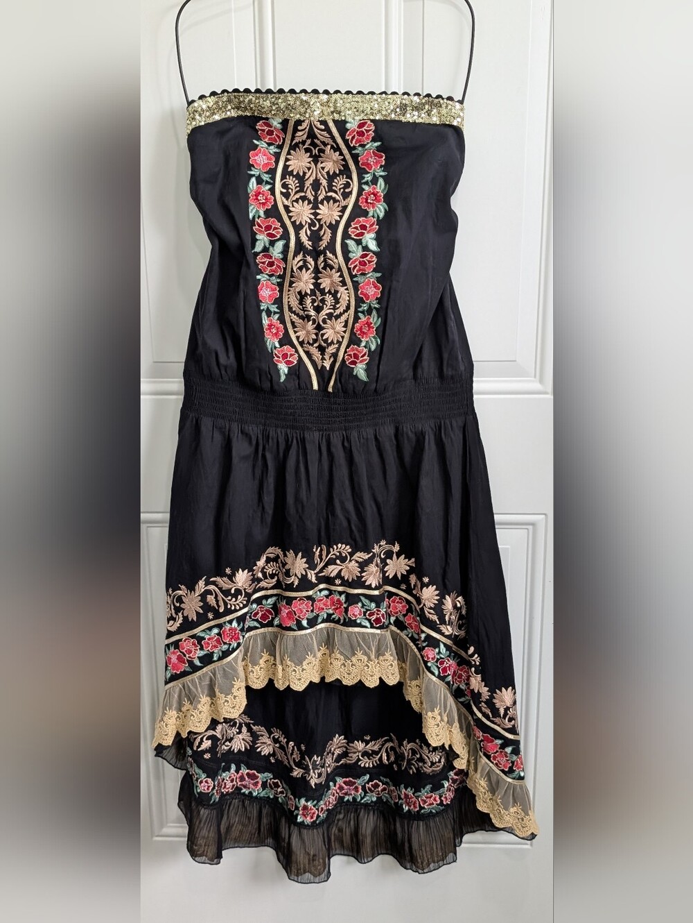 VENUS Black Strapless Embroidered Floral Dress with Gold Trim